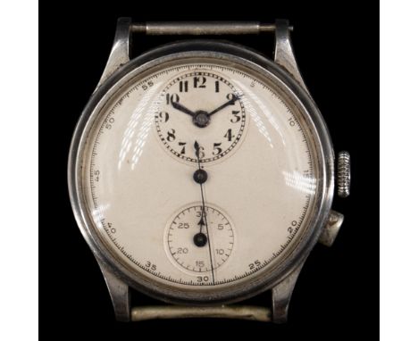 A mid-20th Century "doctor's" chronograph wristwatch, having an un-named Swiss 15-jewel movement and frosted silver face with