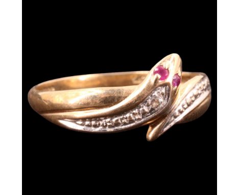A contemporary diamond, ruby and 9 ct gold serpent ring, the serpent's eyes being small round-cut pink stones, R, 1.4 g 