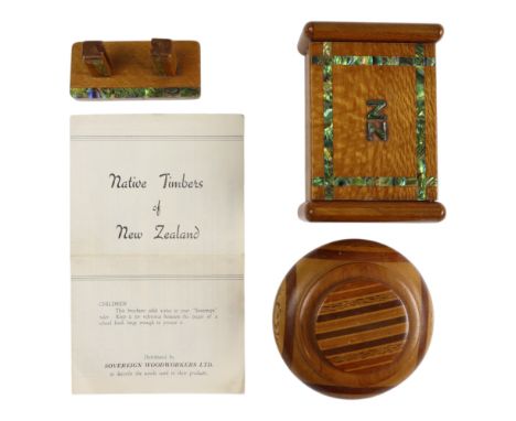 A "Native Timbers of New Zealand" wooden box together with related leaflet and other items of Paua shell inlaid treen, box 15