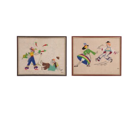 Two vibrant, whimsical and playful hand-embroidered pictures, respectively portraying two figures gardening and a couple danc