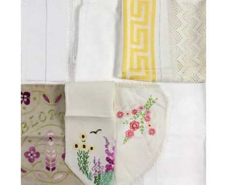 A group of Victorian and other domestic textiles, comprising a 1930s hand-embroidered tea cosy and handkerchief case, an Art 
