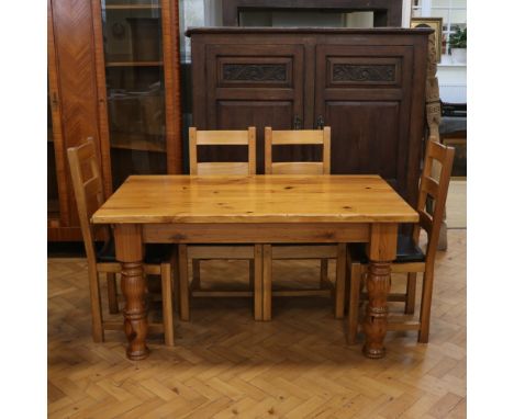 A contemporary heavy pine kitchen / dining table together with four beach ladder-back chairs, 89 cm x 42 cm x 80 cm