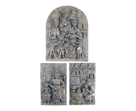 Three cold-cast bronze wall plaques depicting Whitburn Colliery miners, by Robert Olley, largest 26 cm x 19 cm[Robert "Bob" O