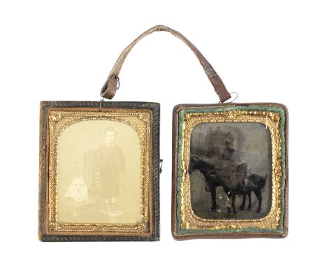 A Victorian ambrotype, depicting a woman and young boy on horseback before a large Manor house, together with a period photog