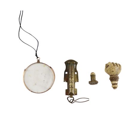 A late 19th Century Fenn pocket postal beam or similar scale, together with a monocle and a Victorian bone-handled desk seal 