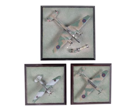 Three hand-painted diecast scale model Second World War RAF aircraft, largest base 16 cm x 16 cm