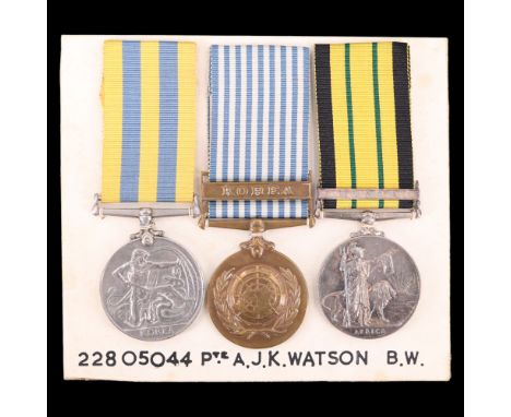 A Korea medal, East and West Africa medal with Kenya clasp and United Nations Korea medal to 22805044 Pte A J K Watson, Black