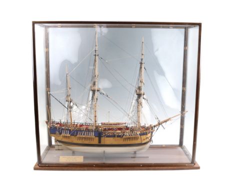 A late 20th Century "Captain Cook's HMS Endeavour" wooden scale model ship, in glazed case, case 78 cm x 29 cm x 70 cm. [HMS 