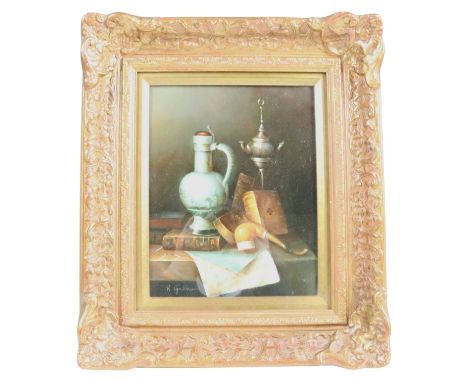 A still life of a bestrewed tabletop, with books, a tobacco pipe, Florentine lamp and eyer, oil on board, signed "R Dessner" 