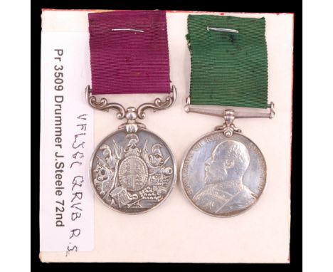 A Long Service and Good Conduct medal and an Edward VII Volunteer Long Service medal to 3500 Drummer J Steele, 72nd Foot / 26