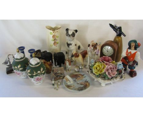 Various ceramics incs Wade whimsies Lady &amp; the tramp and Capodimonte, mantle clock, boxer dog figures, soda syphon etc (2