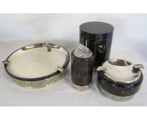 Silver plate ashtray &amp; smokers set comprising table lighter, ashtrays and cigarette jar