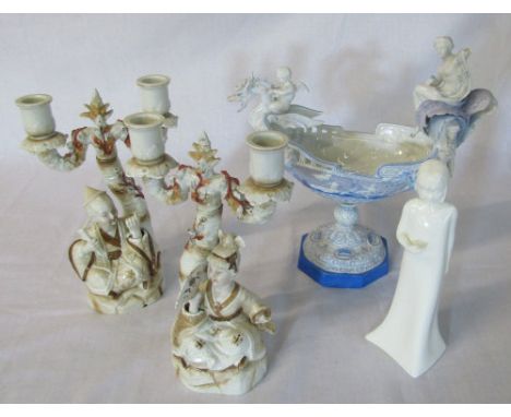 Pair of oriental figural candlesticks with articulated hands, Royal Worcester figurine &amp; a centrepiece in the form of a s