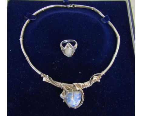 Contemporary ornate silver necklace and ring with blue quartz stone by LBJ designs total weight 1.55 ozt