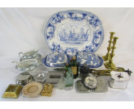 Large Victorian meat plate 'The Gondola' (hole to top where previously hung on wall), various blue and white tureens etc, bra