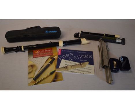 Hornby Tenor recorder, smaller Hornby recorder, Lorus wristwatch, two recorder books and a stand 
