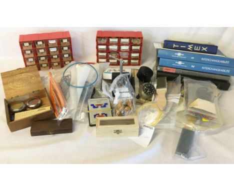 2 small cabinets containing watch &amp; clock parts including crystals, various watch repair tools &amp; accessories &amp; re