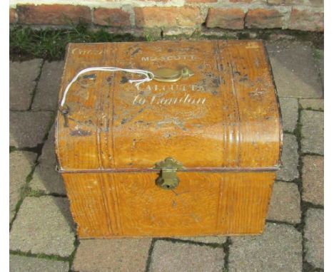 Small Victorian scrumbled tin trunk with inscription 'Mrs Scott Calcutta to London'