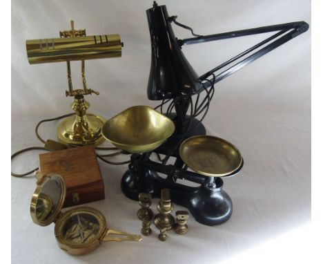 2 table lamps, cast iron scales &amp; a Stanley compass