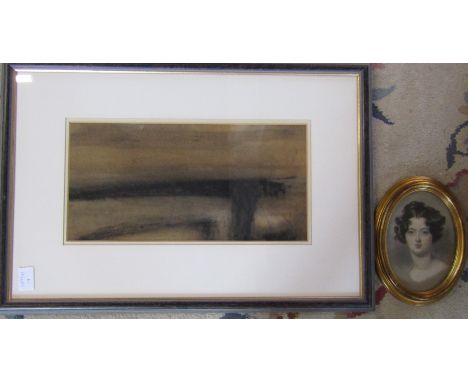 Framed charcoal drawing 'Lincolnshire' by David Paton 61 cm x 42 cm (size including frame) &amp; a small oval portrait print