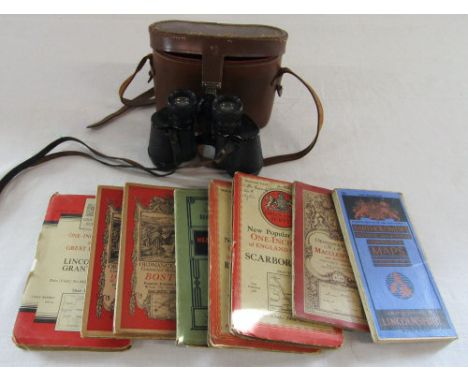 Cased pair of Ritzmar Paris 8 x 40 binoculars &amp; assorted ordnance survey maps