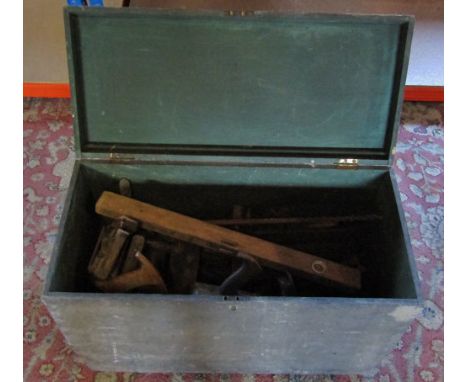 Wooden tool chest containing assorted tools 