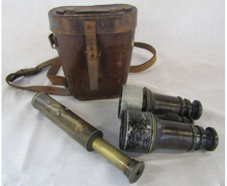 WWI military / Royal Flying Corps binoculars in leather case stamped B7011 &amp; a 4 section brass pocket telescope (chipping