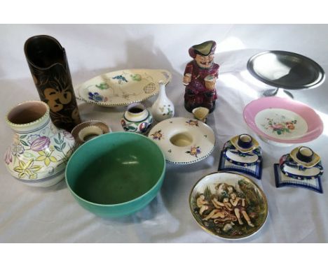 Various ceramics items including Poole, Royal Doulton character jugs etc &amp; a pewter tazza
