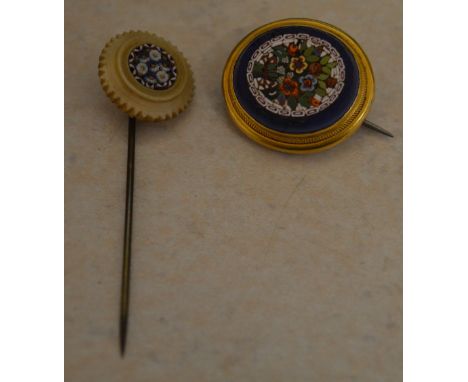 Tested as 18ct gold ornate micro mosiac brooch and a small millefiori style stick pin 