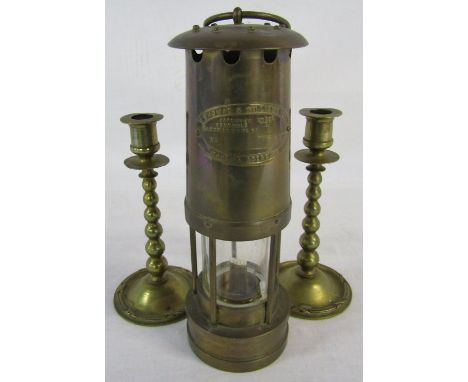 E Thomas &amp; Williams Ltd brass miners lamp &amp; small pair of brass candlesticks