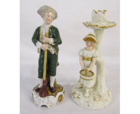 Capodimonte figurine holding a broom H 20 cm and a Royal Worcester figural candlestick (repaired)