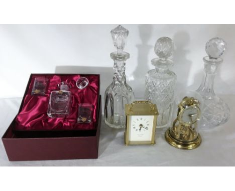 3 decanters (one with chip to rim), Burns Crystal miniature decanter set, skeleton clock &amp; a modern carriage clock