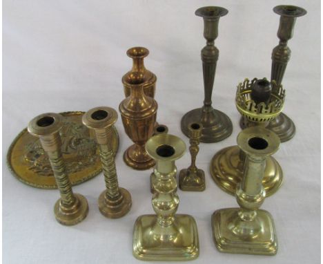 Assorted brass candlesticks etc (and a ladle not shown in picture)