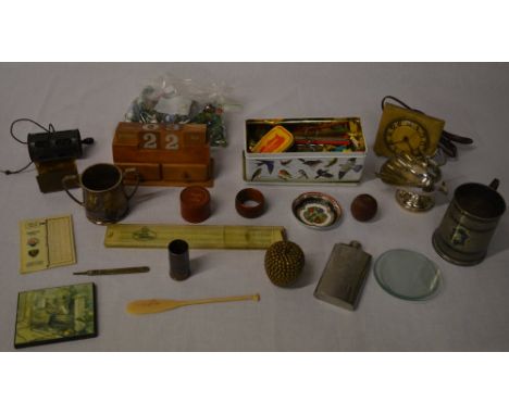 Large bag of marbles, wooden calendar, tankard, hip flask, silver plated salt pig etc ( &amp; part box of cutlery not photogr