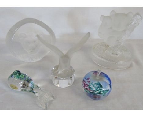 Various paperweights and crystal figures inc Royal Crystal Rock, Goebel, Avondale and Wedgwood