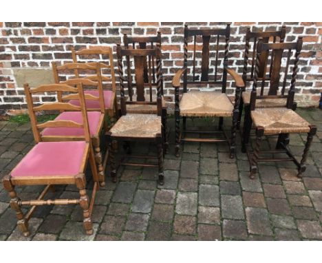 5 1930's dining chairs including a carver with barley twist legs &amp; 3 ladder back chairs