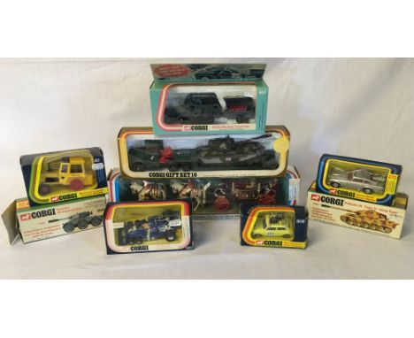 Collection of 9 1970's Corgi die cast toys including Queen's Silver Jubilee carriage, tanks etc