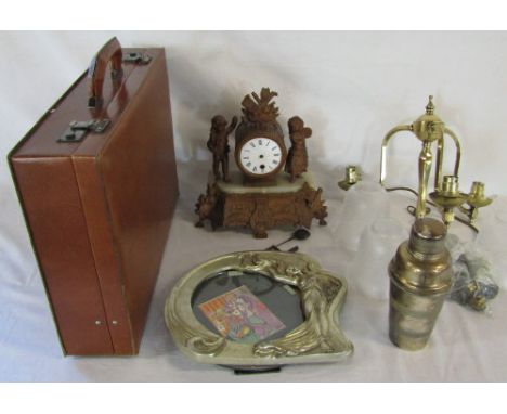 Briefcase, mantle clock (af), brass ceiling light etc