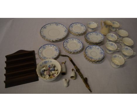 Blue and white part tea set (AF) German pipe (AF) and collection of ceramic thimbles