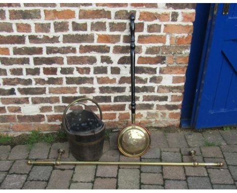 Copper warming pan, coal bucket &amp; brass mantel rail