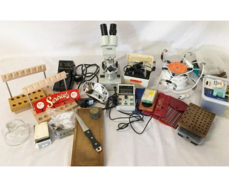 Watch &amp; clock repairers tools &amp; equipment etc including a Philip Harris microscope &amp; a Bergeon watch tester