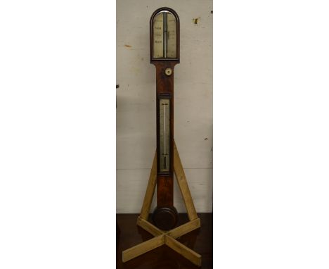 Georgian stick barometer, maker Dollond London in a mahogany case with thermometer and silvered scale