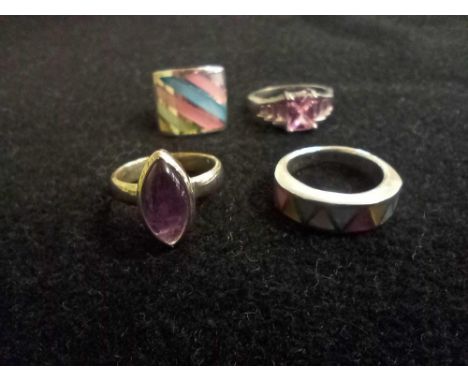 4 SILVER STONE &amp; ENAMEL RINGS