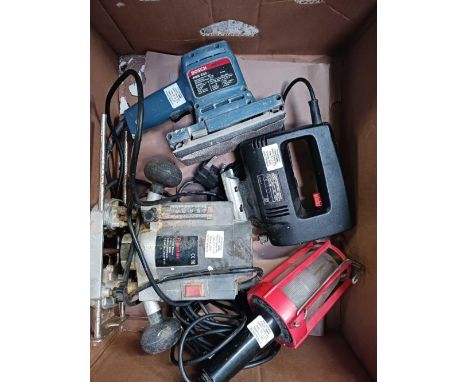 CARTON WITH BLACK &amp; DECKER JIG SAW, BOSCH SANDER, INSPECTION LAMP &amp; A ROUTER
