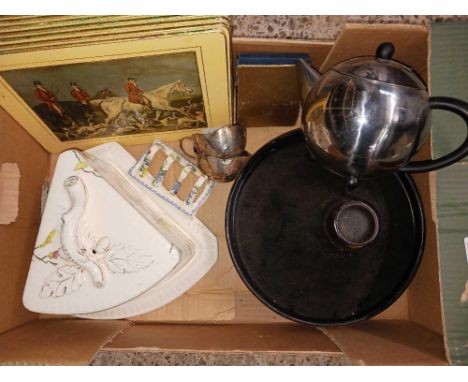 CARTON WITH TAGINE, STEEL GLOBE TEA POT, CHEESE DISH WITH HAIRLINE CRACKS&amp; PLACE MATS