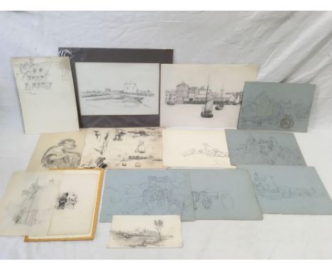 FRANK D WOOD; TWO PENCIL DRAWINGS OF COASTAL SCENES TOGETHER WITH GOOD QUALITY ARCHITECTURAL DRAWINGS &amp; OTHER SKETCHES [1