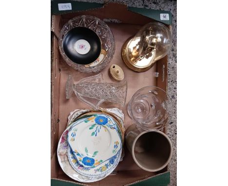 2 CARTONS OF MIXED GLASSWARE, PLATES, REGENCY STYLE FIGURINE, A TORSION CLOCK WITH DOME &amp; OTHER CHINAWARE