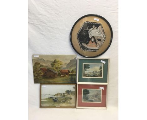 PRINT - PASTORAL / LAKESIDE TOWN ABROAD UNSIGNED C19? FRAMED, PRINT - SEASCAPE/BEACH WITH DINGHIES, BOSHAM, SUSSEX BY Q WILFR