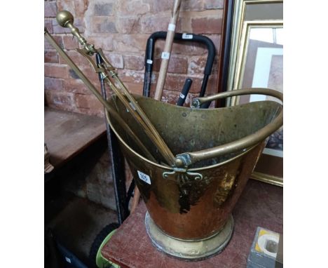 BRASS COAL BUCKET, BRASS FIRESIDE TONGS, SHOVEL &amp; BRASS CHAMBER STICK