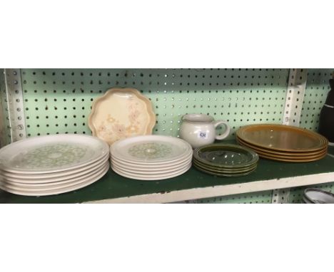 SHELF OF HORNSEA PLATES, DENBY JUG &amp; FLAN DISH